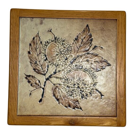 Ceramic Tile Trivet Wall Art Wooden Frame 9" Leaves Autumn Thanksgiving Decor - Picture 3 of 6